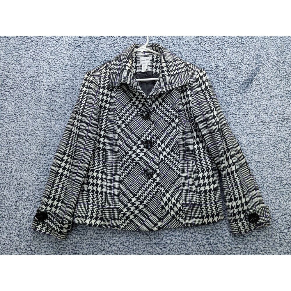 Chicos Plaid Button Up Pea Coat Size Medium / 1 Houndstooth Classic Purple Black